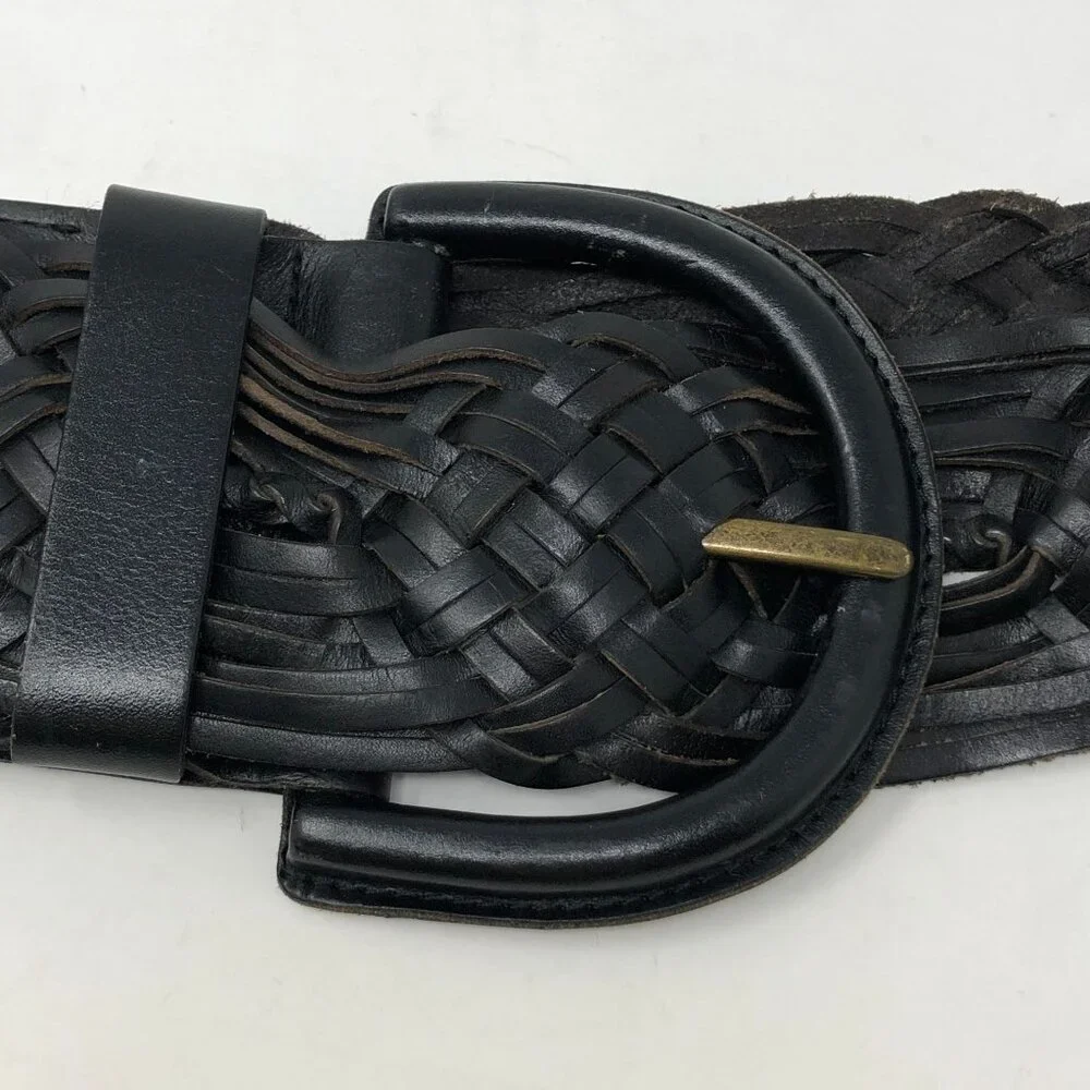 Hobo International Black Woven Leather Belt Brass Buckle Size Small Statement